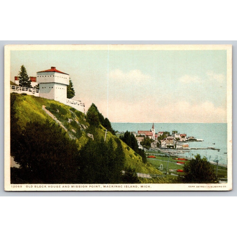Postcard Michigan Mackinac Island Old Block House & Mission Point Phostint c1915